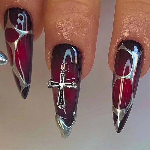 BABALAL Stiletto Press on Nails Long Fake Nails Black Red Glue on Nails Almond Acrylic Nails with Goth Design Stick on Nails for Women and Girls 24Pcs