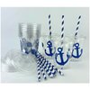 Blue Anchor Cups, Nautical Party Supplies, Plastic Disposable Cups, Slot Lids, Paper Straws, Set of 12