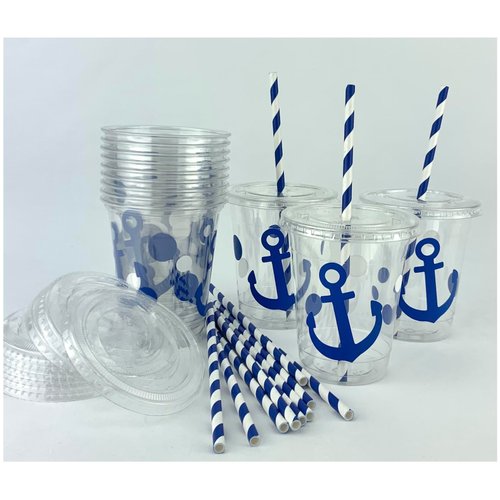 Blue Anchor Cups, Nautical Party Supplies, Plastic Disposable Cups, Slot Lids, Paper Straws, Set of 12