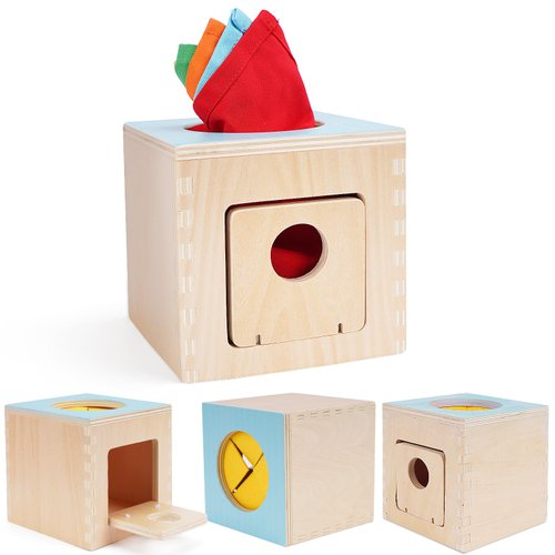 FCSONU Kids Toddler Toys, Montessori Baby Toys 0-6-12 Months, 1 Year Old Wooden Baby Tissue Box Toy for Educational Learning with Cloth Tissues, Boys & Girls Gifts for Birthday Christmas Children Day