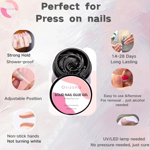Oxizona Solid Nail Glue Gel for Press On Nails Acrylic Nail Tips, Fake Nails, Hard Gel Glue for False Nails DIY at Home 15ML UV-Cured
