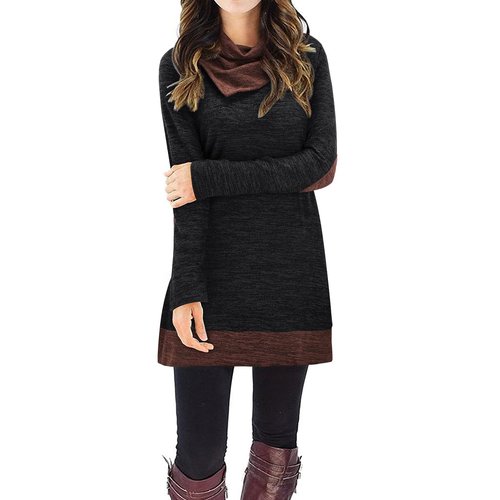 STYLEWORD Women's 2023 Winter Dress Holiday Fall Fashion Dress Tunic Tops for Leggings Long Sleeve Cowl Neck Tunic Dress(Black,L)