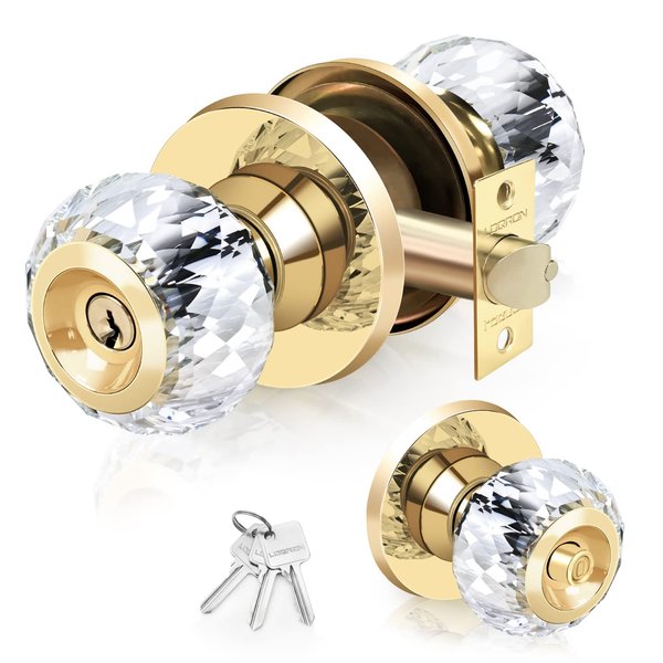 LOQRON Crystal Door Knobs with Lock and Keys with Privacy Lock, Luxurious Diamond Classic Interior Glass Door Knobs for Bedroom Bathroom Gold,1 Pack