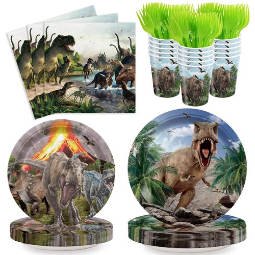 Detanpoly 120pcs Dinosaur Birthday Party Supplies Dino World Happy Birthday Party Disposable Dinosaur Tableware Set Plates Napkins Cups Green Forks Dinosaur Party Supplies for 24 Guests