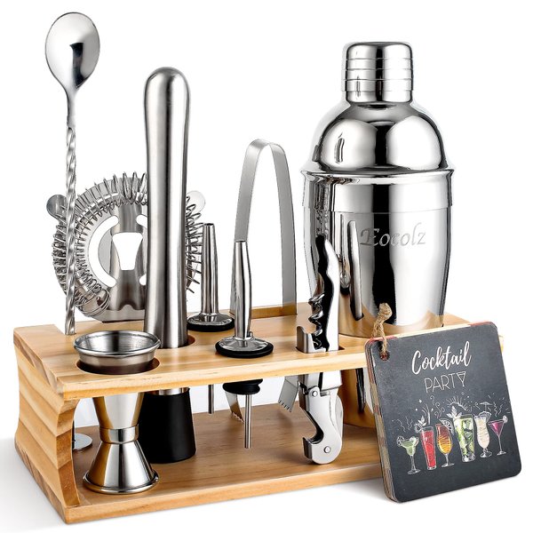 Bartender Kit Cocktail Shaker Set with Stand Bar Tool Bar Set for Drink Mixing Home Bartending Kit 11-Piece Bar Cart Accessories: Martini Shaker, Mixer Spoon, Jigger, Muddler, Strainer & Recipes Gifts