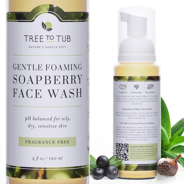Tree to Tub Sensitive Skin Face Wash for Dry Skin - Fragrance Free Gentle Face Cleanser for Women & Men, Unscented Hydrating Foaming Facial Cleanser, Daily Face Soap w/All Natural Organic Aloe Vera