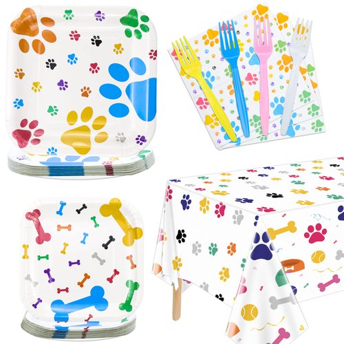 Hegbolke Dog Party Supplies Serve 20-81Pcs Plates Napkins Tablecloth Forks Set for Doggy, Kids, Dog Birthday Party Decorations Dog Theme Party