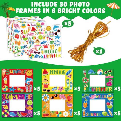 Jetec 30 Pack Summer Craft Kits End of School Year Picture Frame Craft with 12 Sheet Stickers Beach DIY Children Craft Kits for Classroom Summer Activities Bulletin Board Party Decor