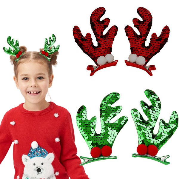 4pcs Christmas Hair Clips Glitter Antler Hair Clip for Women Xmas Hair Clips Sequins Christmas Hair Accessories