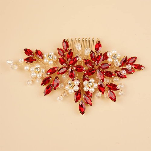 Kercisbeauty Red Crystal Gold Hair Side Piece Pearl Hair Comb for Wedding Women Girls Bridal Shower Hair Accessories (Red)