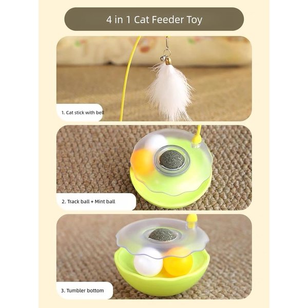 Generic Cat Toys 4-in-1 Interactive Cat Feather Toy for Indoor Cats, Track Ball with Tumbler, Mint Ball for Dental Care, Fun Cat Exercise Toy for All Breeds, Green