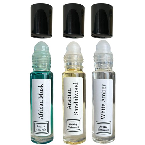 Avany Naturals Set of 3 Unisex Fragrance Body Oil, African Musk, Sandalwood Musk, Amber Musk, Concentrated Perfume, Alcohol Free Fragrance, Roll On Body Oil (Musk Oil ASA)