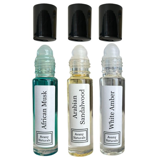 Avany Naturals Set of 3 Unisex Fragrance Body Oil, African Musk, Sandalwood Musk, Amber Musk, Concentrated Perfume, Alcohol Free Fragrance, Roll On Body Oil (Musk Oil ASA)