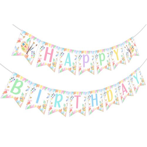 Art Birthday Party Decorations Girl Pastel Art Happy Birthday Banner Pre-Strung Macaron Crayon Birthday Banner for Rainbow Art Painting Drawing Artist Theme Birthday Party Supplies