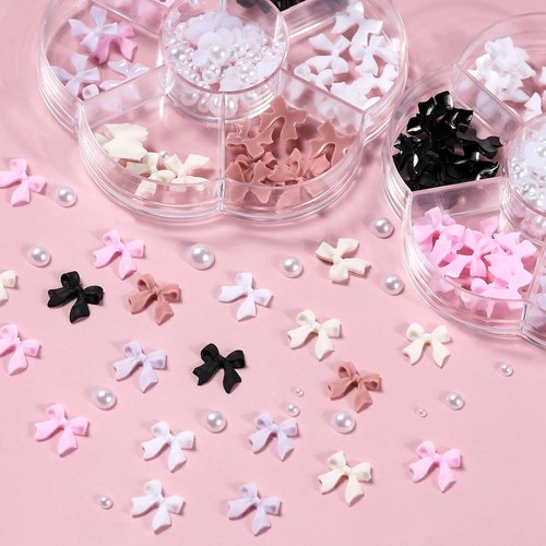 JASSINS Bow Nail Charm for Nail Art Decorations,200PCS Colorful 3D Bow Charm Acrylic Jewel Rhinestones Set for Nail Design DIY Decoration(2 Box 1 tweezers )
