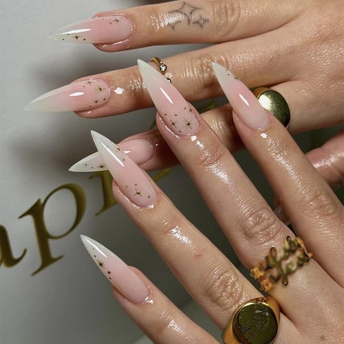 MISUD Press on Nails Long Stiletto Fake Nails Glossy Glue on Nails Sharp Almond Acrylic Nails Pink Ombre Artificial Nails Bling Star Stick on False Nails with Design 24 pcs