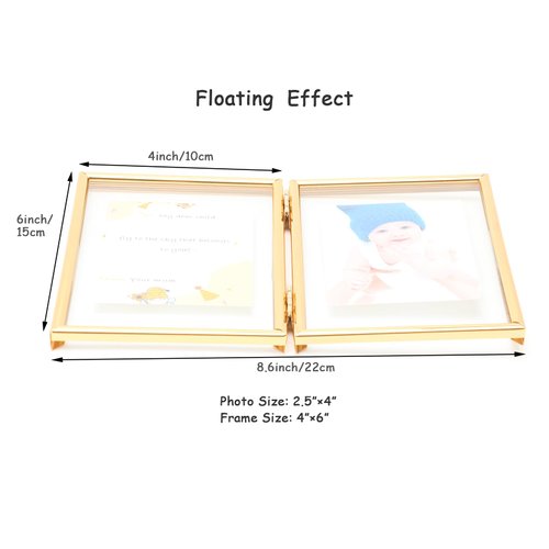 AhaGo Folding Double Frame, Gold Floating Picture Frame with Hinge, 4"×6" for 4"×6" 3"×5" 2"×4", Vertical, Real Glass, Tabletop Use, Classy For Christmas, Wedding, Birthday, Home or Office Décor