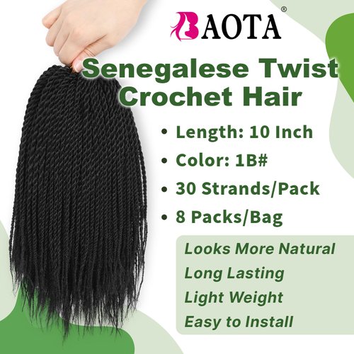 BAOTA 10 Inch Senegalese Twist Crochet Hair for Kids Micro Twist Short Braids Kids Small Crochet Hair for Little Girls Mini Twist Crochet Hair 8 Packs Black Color