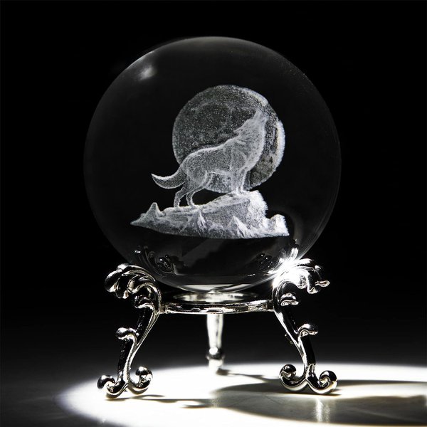 60mm 3D Howling Wolf Crystal Ball with Stand for Wolf Lovers - 3D Laser Moon Wolf Figurine Glass Sphere Ball Table Decor Crystal Paperweight Craft