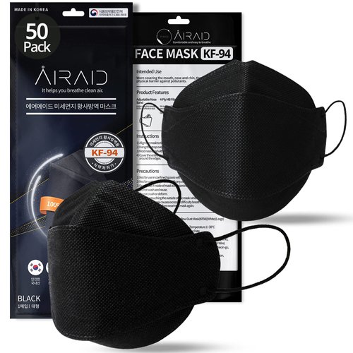 AIRAID-KF94 [Individually Wrapped] - Made in Korea, 4-Layer Filter, 3D Face Mask, Black, White, Adult and Older Teens (Black-50P)