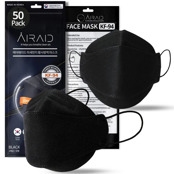 AIRAID-KF94 [Individually Wrapped] - Made in Korea, 4-Layer Filter, 3D Face Mask, Black, White, Adult and Older Teens (Black-50P)