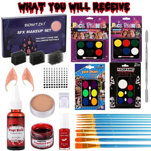 Bowitzki Halloween Makeup Set Oil Based Face Body Paint Special Effects Kit SFX Sponges Scar Wax Fake Blood Brush Tooth Paint Halloween Party SFX Cosplay