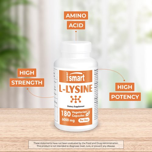 Supersmart - L-Lysine 6000mg per Day (High Strength) - Essential Amino Acid Lysine Supplement | Non-GMO & Gluten Free - 180 Vegetarian Capsules