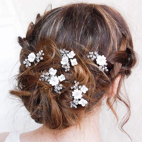 Unicra Flower Bride Wedding Hair Pins Silver Bridal Hair Pieces Rhinestone Hair Accessories Prom Hair Clips for Women and Girls (Pack of 5)