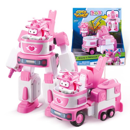 Super Wings Transformer Toys, 7" Dizzy Robot Suit and 2” Scale Transforming Dizzy Mini Action Figure,2-in-1 Mode Vehicle and Robot,Fire Truck Toy Vehicle Playset for Kids 3+,Gifts for Boys and Girls