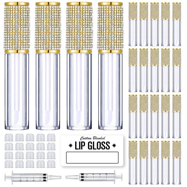 AMORIX 24 Pack Gold Crystal Lip Gloss Tubes with Wand 5ml Empty Lip Gloss Containers Lipgloss Bottles with Stoppers 2pcs Syringes + Free Labels for DIY Lip Gloss Balm