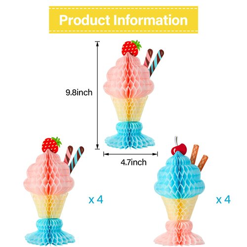 Outus 8 Pcs Tissue Ice Cream Honeycomb Sundae Table Centerpiece Ice Cream Party Decorations for 50s Themed Ice Cream Sundae Theme Party Supplies