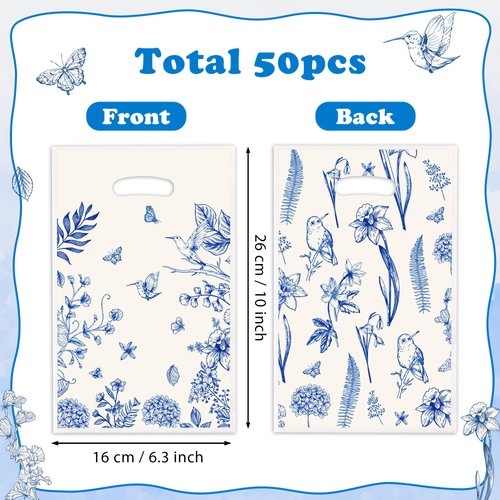 ArowlWesh Blue and White Floral Bird Party Favor Bags - 50Pcs Plastic Sketch Birds Flowers Candy Treat Gift Bag with Handles Blue and White Snack Goodie Bags for Wedding Birthday Party Supplies Decor
