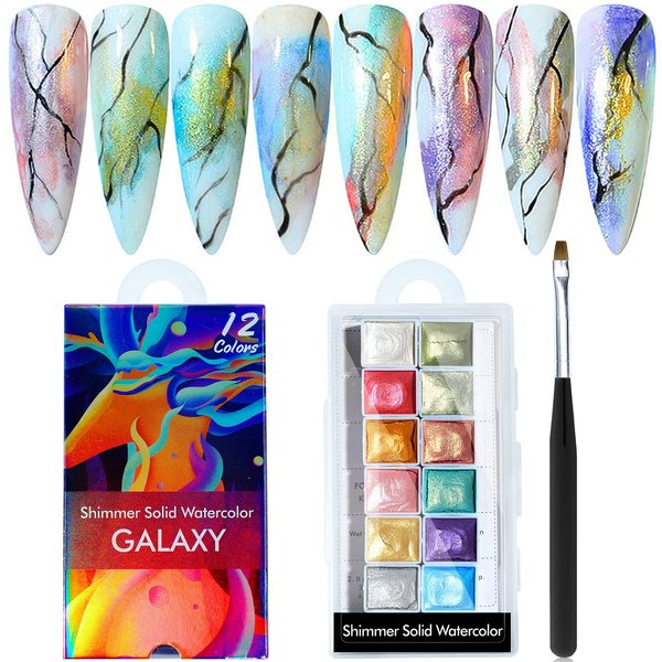 U-Shinein 12 Colors Watercolor Nail Paint Powder, Nail Art Painting Marble Powder Nail Blooming Chrome Pearlescent Holographic Solid Blossom Nail Glitter Powder Nail Paint DIY Manicure with Brush