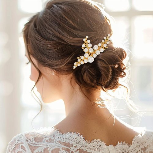 YBSHIN Bride Wedding Hair Comb Gold Pearl Headpiece Leaf Hair Pieces Bridal Hair Accessories for Women