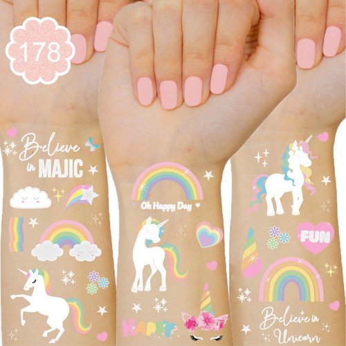 Premium Unicorn Rainbown Temporary Tattoos – 178+ Iridescent Foil Styles – Perfect for Kids Unicorn Rainbown Birthday Party Supplies, Pool Parties & Crafts - for Kids, Girls Boys & Adults