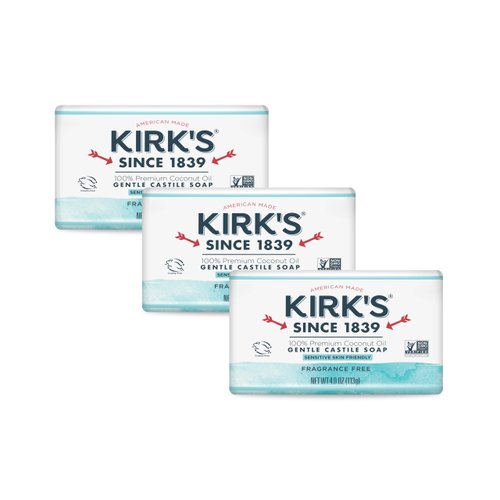 Kirk's Castile Bar Soap Clean Soap for Men, Women & Children | Premium Coconut Oil | Sensitive Skin Formula, Vegan | Fragrance-Free/Unscented | 4 oz. Bars - 3 Pack