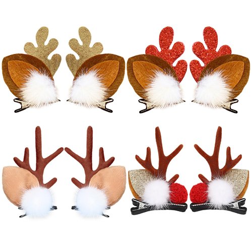 4 Pairs Christmas Reindeer Antlers Hair Clips Deer Antlers Ears Barrettes Women Elk Horns Headpiece Hair Pins Hairpins Hairclips Xmas Cosplay Festival Halloween Dress Up Birthday Party Accessories
