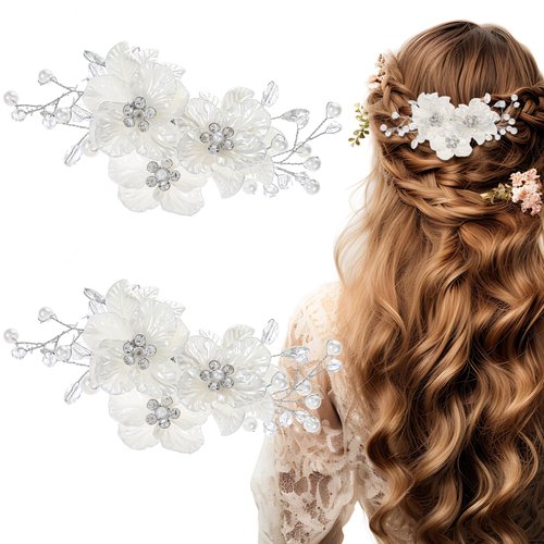 Yuanchu 2 Pcs Flower Hair Clips, Leaf Flower Hair Piece Pearl Bride Hair Pins Rhinestone Wedding Hair Pin Accessories for Women Bridal Flower Girls