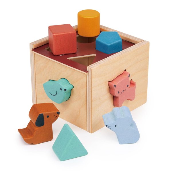 Mentari Toys - Bambino Shape Sorting Cube - Wooden Shape Sorter Toy - Activity Toy with 8 Shapes and Sliding Lid - Toddler Educational Toy - Age 2+