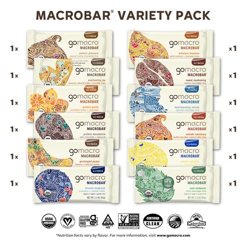 GoMacro MacroBar Organic Vegan Protein Bars - Variety Pack (2.3 Ounce Bars, 12 Count)