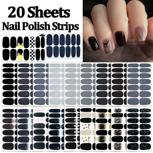 SILPECWEE 20 Sheets Black Style Nail Wraps for Women Stick on Nail Polish Strips Glitter Solid Color Self Adhesive Nail Polish Stickers Fingernail Manicure Sticker Nail Art with 1pc Nail File