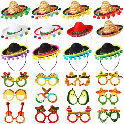 Syhood 24 Pcs Fiesta Party Supplies Cinco De Mayo Sombrero Headband Hats Eyeglasses for Mexican T...