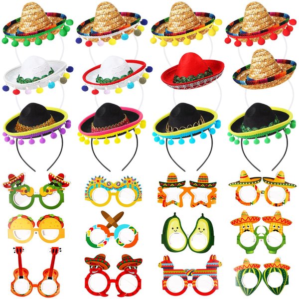 Syhood 24 Pcs Fiesta Party Supplies Cinco De Mayo Sombrero Headband Hats Eyeglasses for Mexican Theme Decoration Accessories(Classic Style)
