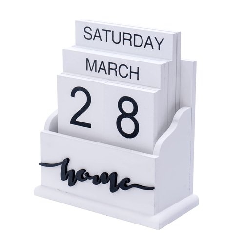 Vintage Wood Block Perpetual Calendar Flip Block Design for Home Office Desk Rustic Decoration (white)