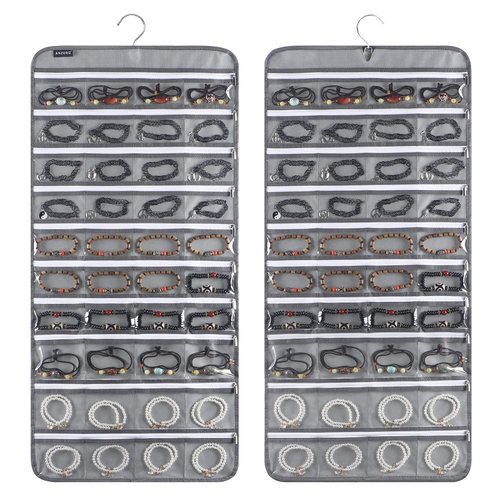 ANZORG 80 Zippered Pockets Hanging Jewelry Organizer for Holding Jewelries Dual-Sided Accessory Display Holder for Earrings Bracelets Rings (80 Zippered Pockets-Grey)