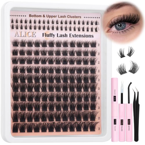 Fluffy Lash Extensions Kit 6-18mm Wispy Volume Lash Clusters Kit Cluster Eyelash Extension Kit 160pcs CD Curl Individual Lashes Kit with Bottom Lashes Lash Glue Self Application at Home by ALICE