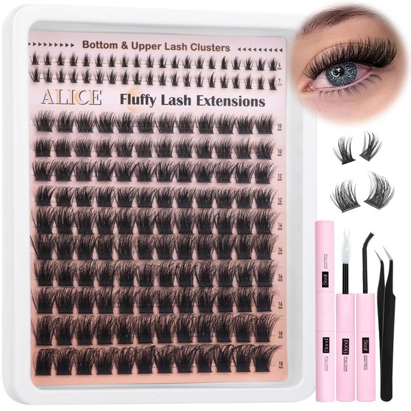 Fluffy Lash Extensions Kit 6-18mm Wispy Volume Lash Clusters Kit Cluster Eyelash Extension Kit 160pcs CD Curl Individual Lashes Kit with Bottom Lashes Lash Glue Self Application at Home by ALICE