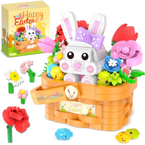 Easter Bunny and Easter Baskets for Kids Building Toys Kit - 500 Pcs Easter Toys with Easter Eggs Easter Flowers Building Blocks, Easter Gifts Easter Egg Fillers Easter Basket Stuffers for Kids Age 6+