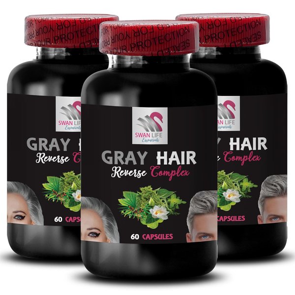 Natural Hair Complex - GRAY HAIR REVERSE - Hair brilliance, Vibrant hair color, Hair pigmentation, Hair sparkler, Dynamic color, Luminous hair, Radiant sheen, Hair shade revival 3 Bottles 180 Caps