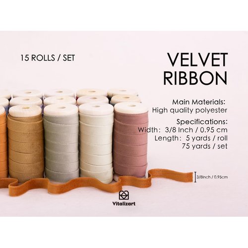 Vitalizart Velvet Ribbon Set 3/8" x 75Yd Wooden Spool Fabric Trim Eco-Friendly 15 Rolls * 5Yd for Christmas Wreath Decoration Handmade Craft Ornaments Gift Wrapping & Bow Making